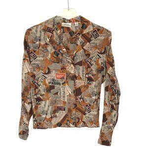 Ellen Tracy Linda Allard Silk Blouse Jazz Print Button Front Artistic Office 6